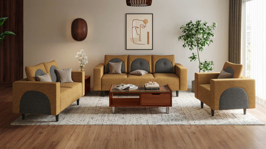 Interio Cresco 6-seater fabric sofa set in camel and taupe
