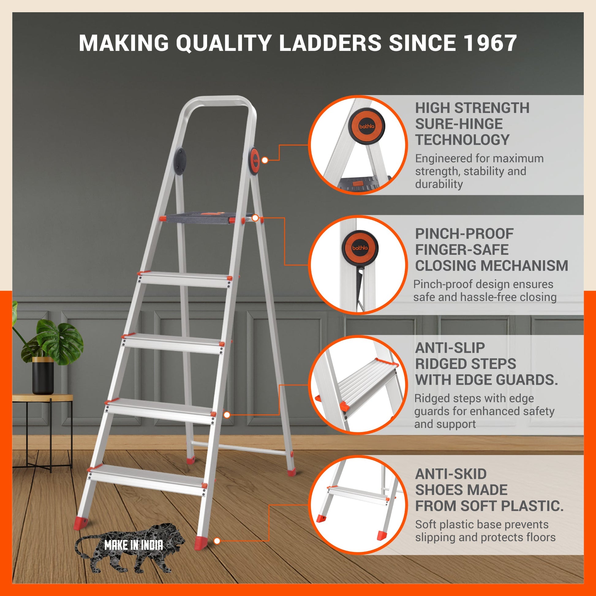 Bathla Advance Pro ladder safety feature graphic showing hinge, closing mechanism, anti-slip steps, and anti-skid shoes