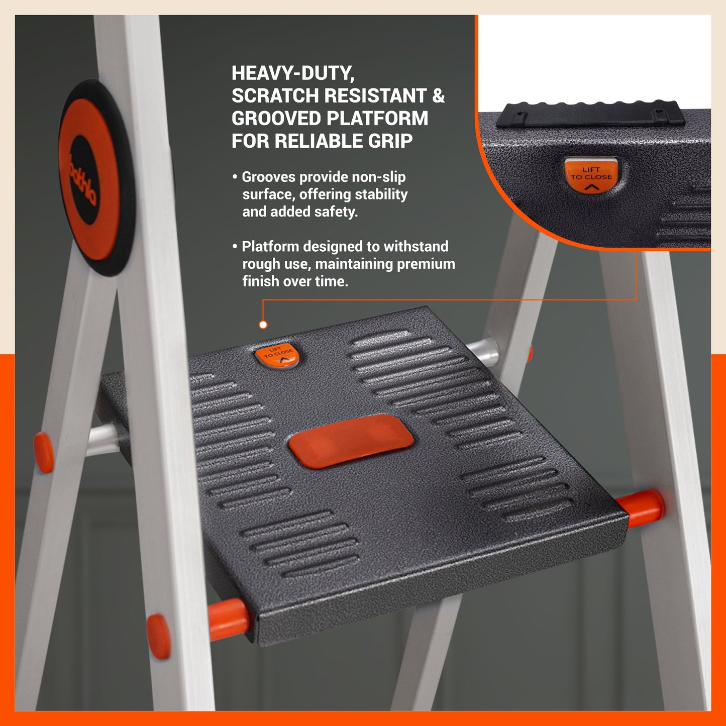 Close-up of Bathla Advance Pro ladder grooved anti-slip platform and grip surface