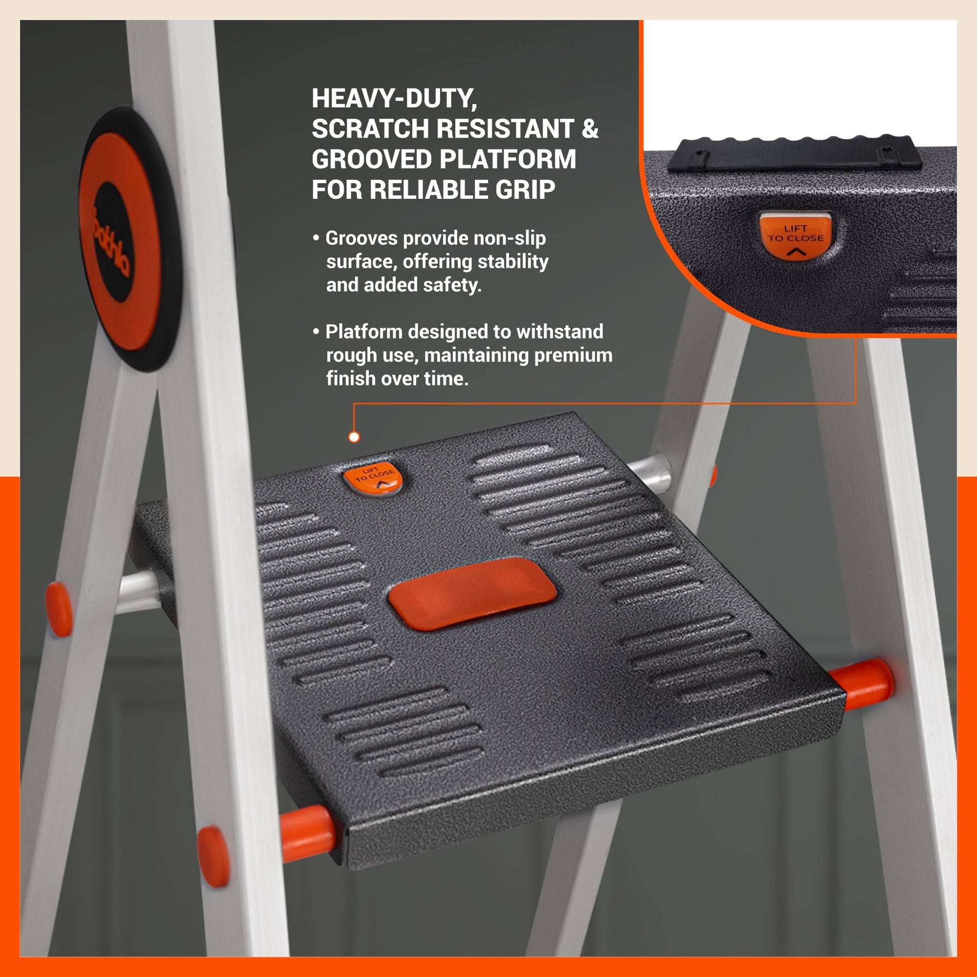 Close-up of Bathla Advance Pro ladder grooved anti-slip platform and grip surface