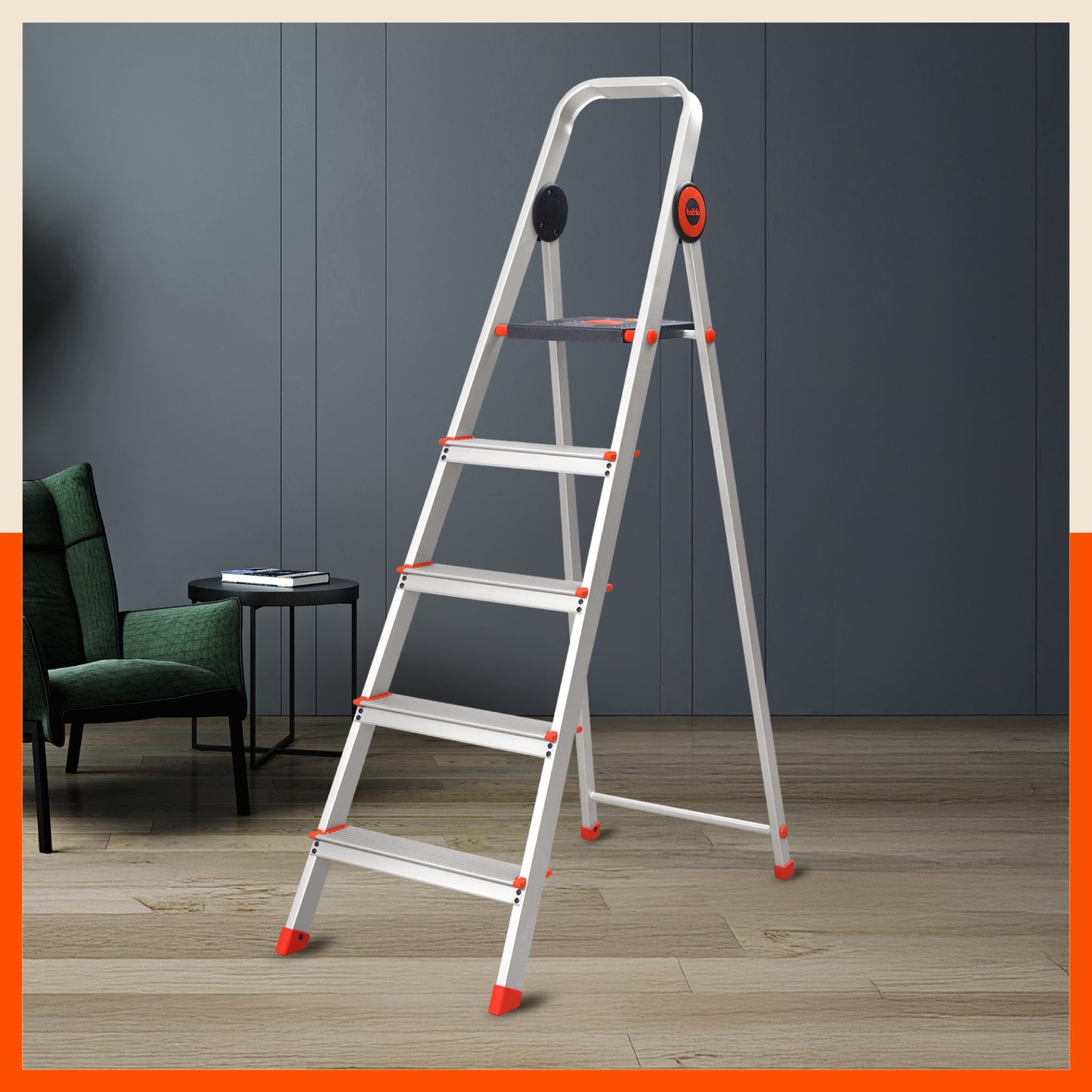 Bathla Advance Pro 5-step aluminium ladder standing open in main product view