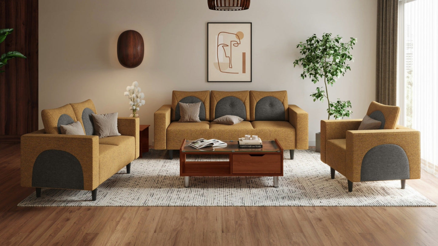 Interio Cresco 6-seater fabric sofa set in camel and taupe