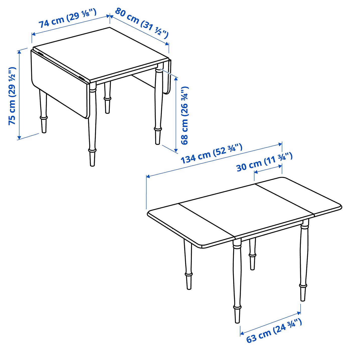 Measurement illustration for IKEA DANDERYD drop-leaf table